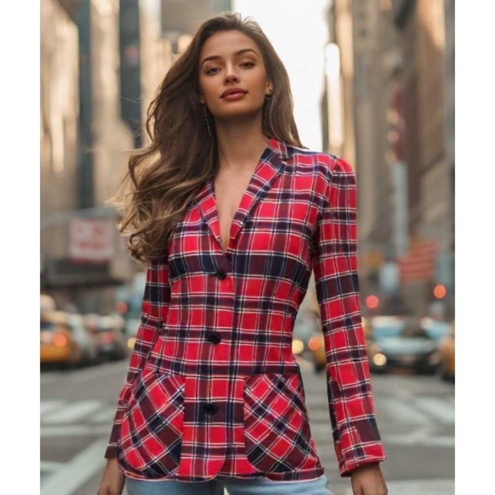 70s Triminghams Madras Plaid Blazer Size Small Red Cotton Pockets Button